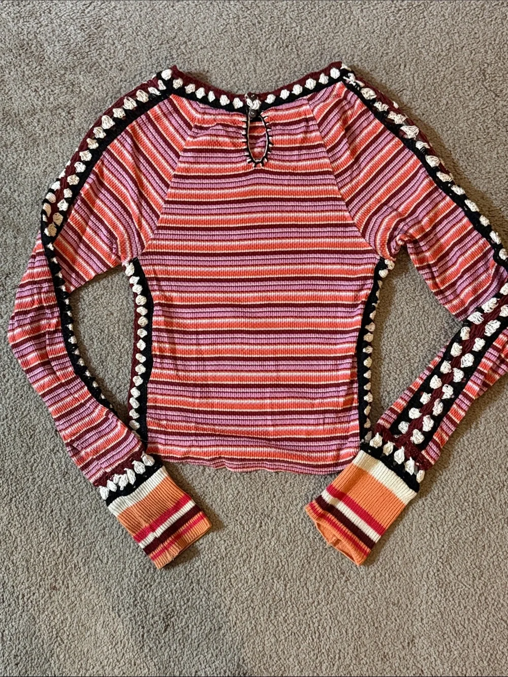 Free People Women’s Striped Pink Multi-Color Crochet Cropped Thermal Top!